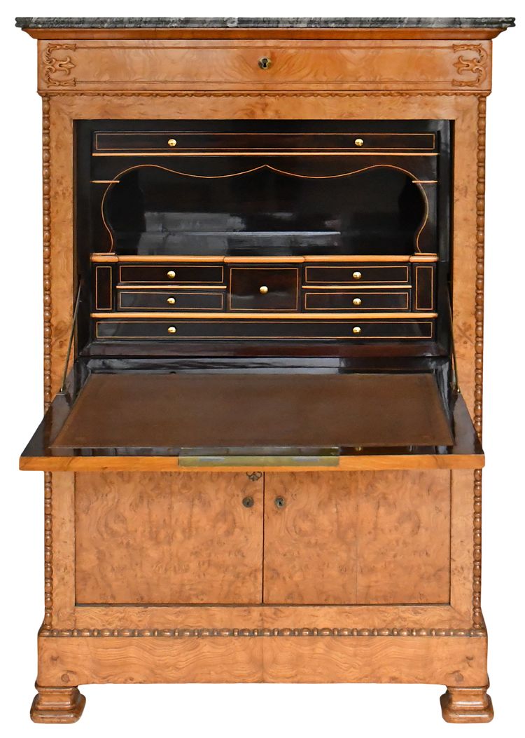 Secrétaire en placage de bois de loupe d'époque Restauration