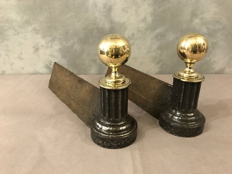 Pair of 19th century antique brass and cast iron andirons