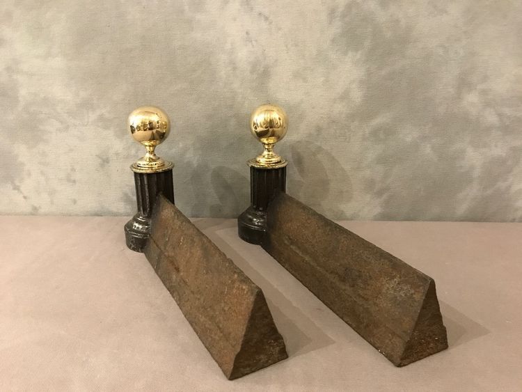 Pair of 19th century antique brass and cast iron andirons