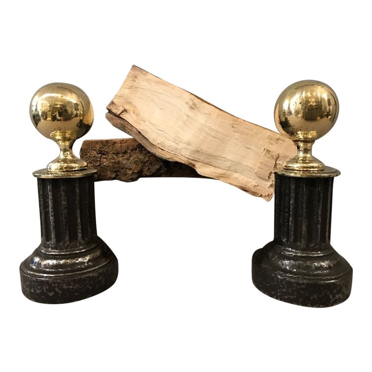 Pair of 19th century antique brass and cast iron andirons