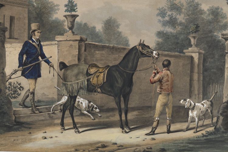 TWO COLOR ENGRAVINGS ENHANCED WITH GOUACHE SIGNED CARLE VERNET
