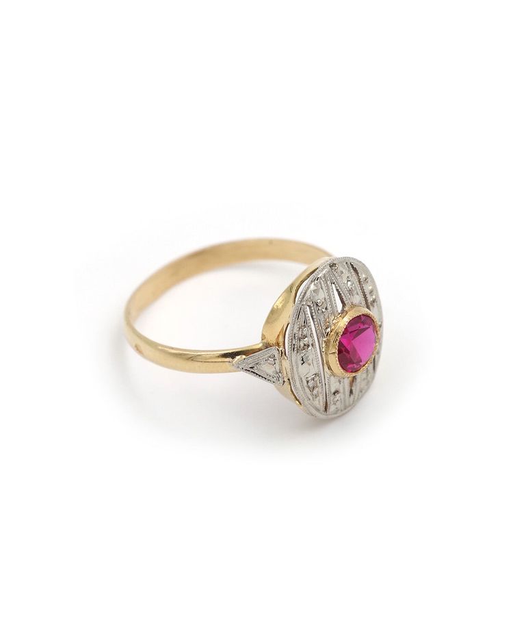 Anello ovale Art Déco in oro 18k e platino, rubino sintetico, gioielli Art Déco