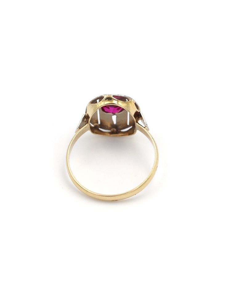 Anello ovale Art Déco in oro 18k e platino, rubino sintetico, gioielli Art Déco