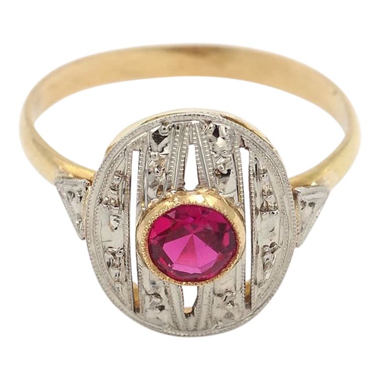 Anello ovale Art Déco in oro 18k e platino, rubino sintetico, gioielli Art Déco