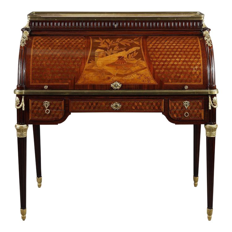 Bureau à cylindre de style Louis XVI en marqueterie et bronzes dorés, fin XIXe siècle