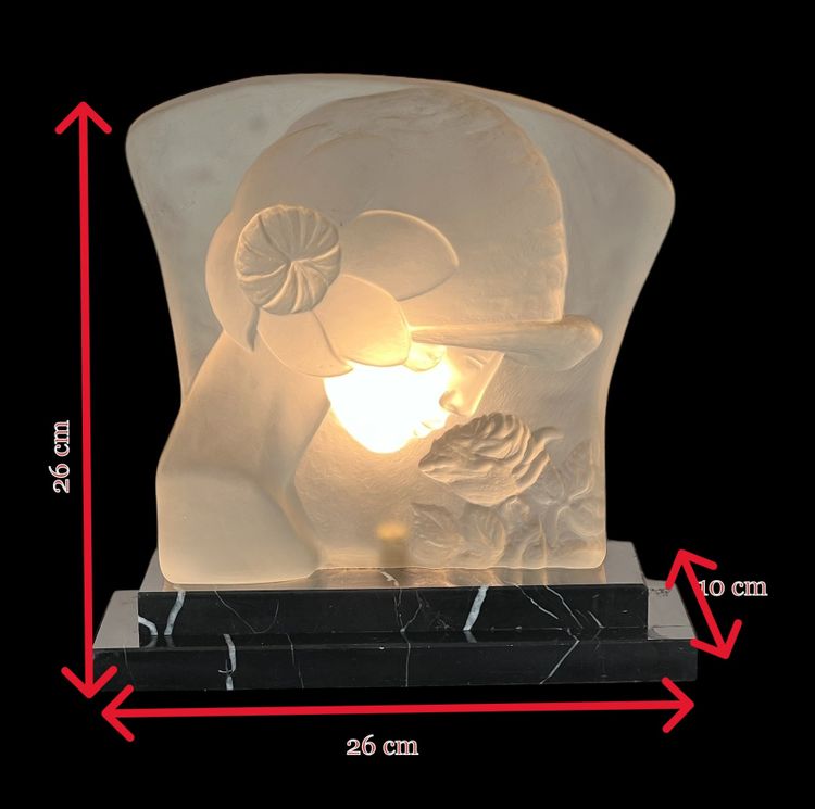 ART DECO PERIOD LAMP IN GLASS PASTE ON MARBLE BASE "WOMAN'S FACE"