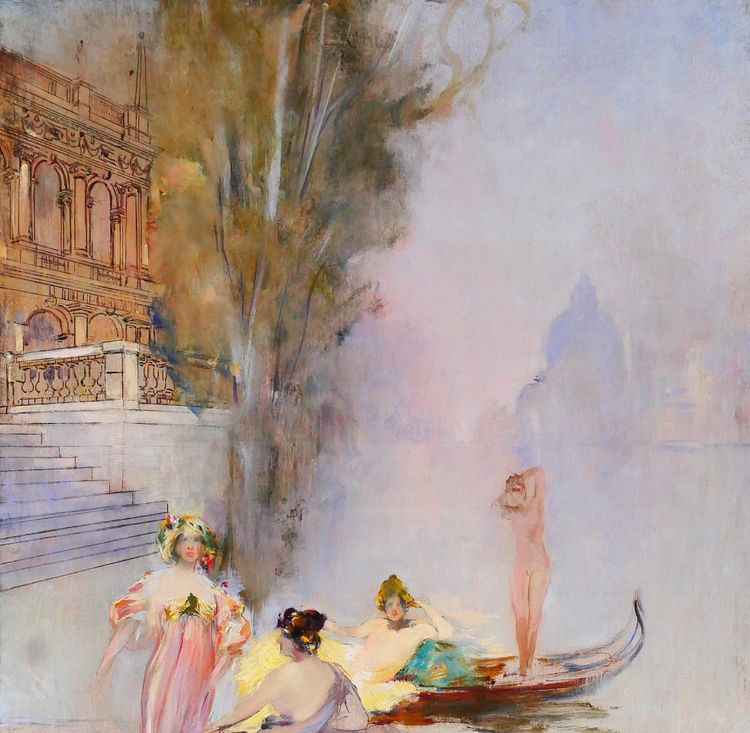 Raymond Allègre 1857-1933 Venezia, donne davanti a un palazzo, dipinto, circa 1900, Italia
