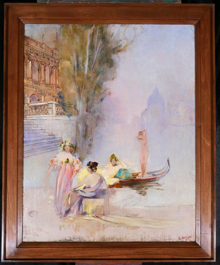 Raymond Allègre 1857-1933 Venezia, donne davanti a un palazzo, dipinto, circa 1900, Italia