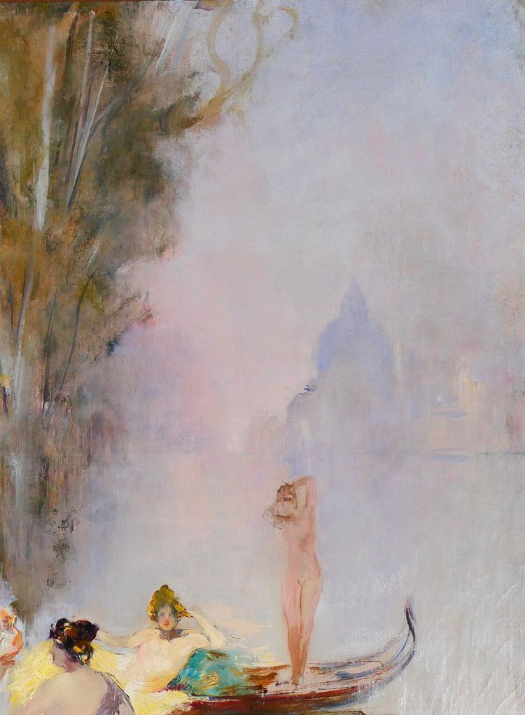 Raymond Allègre 1857-1933 Venezia, donne davanti a un palazzo, dipinto, circa 1900, Italia
