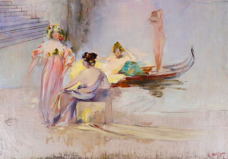 Raymond Allègre 1857-1933 Venezia, donne davanti a un palazzo, dipinto, circa 1900, Italia