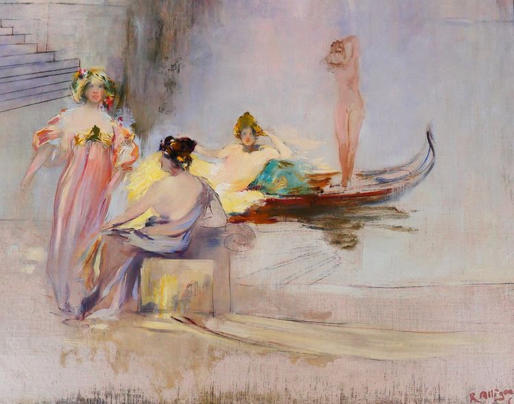Raymond Allègre 1857-1933 Venezia, donne davanti a un palazzo, dipinto, circa 1900, Italia
