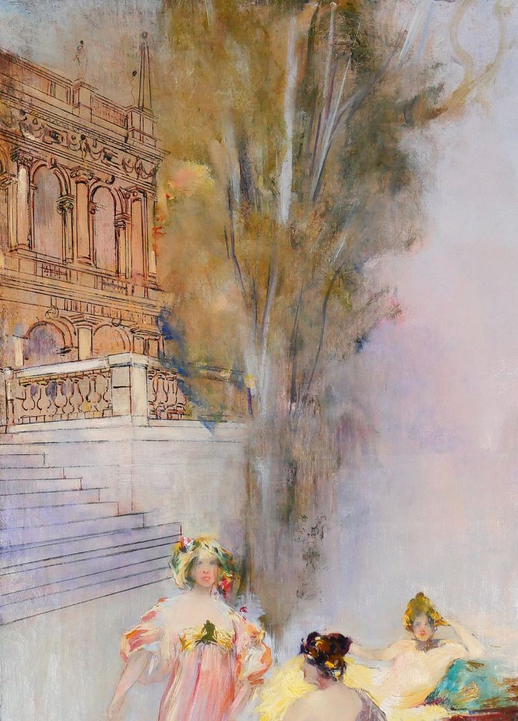 Raymond Allègre 1857-1933 Venezia, donne davanti a un palazzo, dipinto, circa 1900, Italia