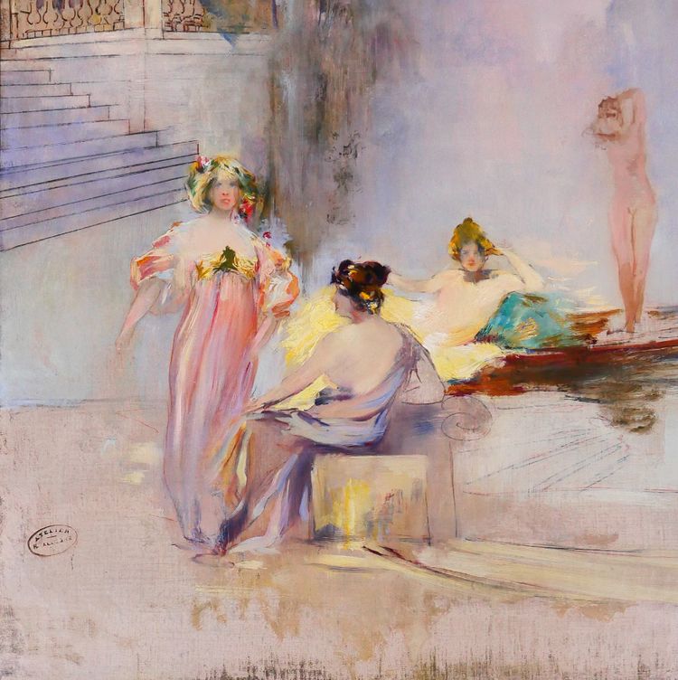 Raymond Allègre 1857-1933 Venezia, donne davanti a un palazzo, dipinto, circa 1900, Italia