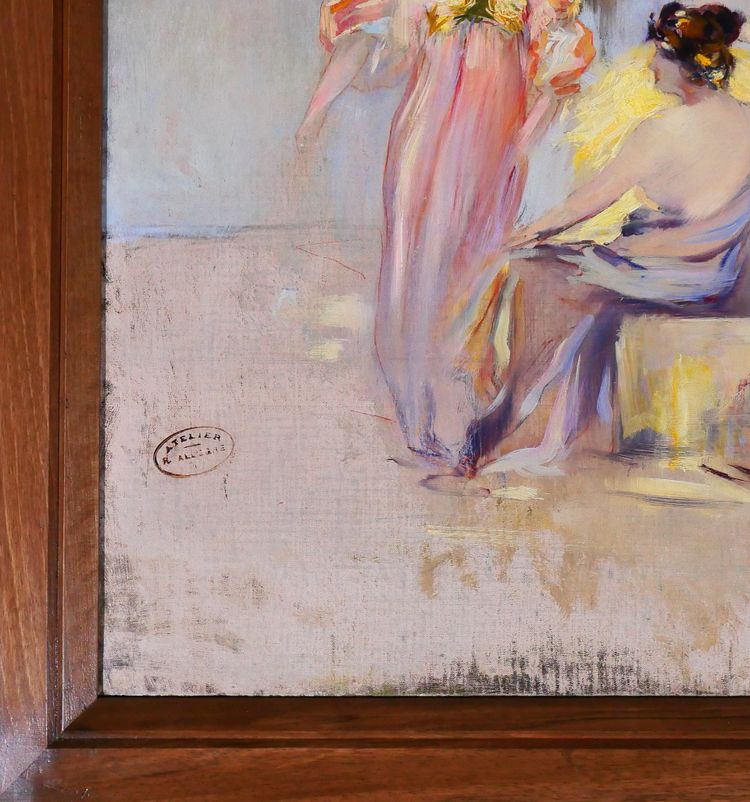 Raymond Allègre 1857-1933 Venezia, donne davanti a un palazzo, dipinto, circa 1900, Italia