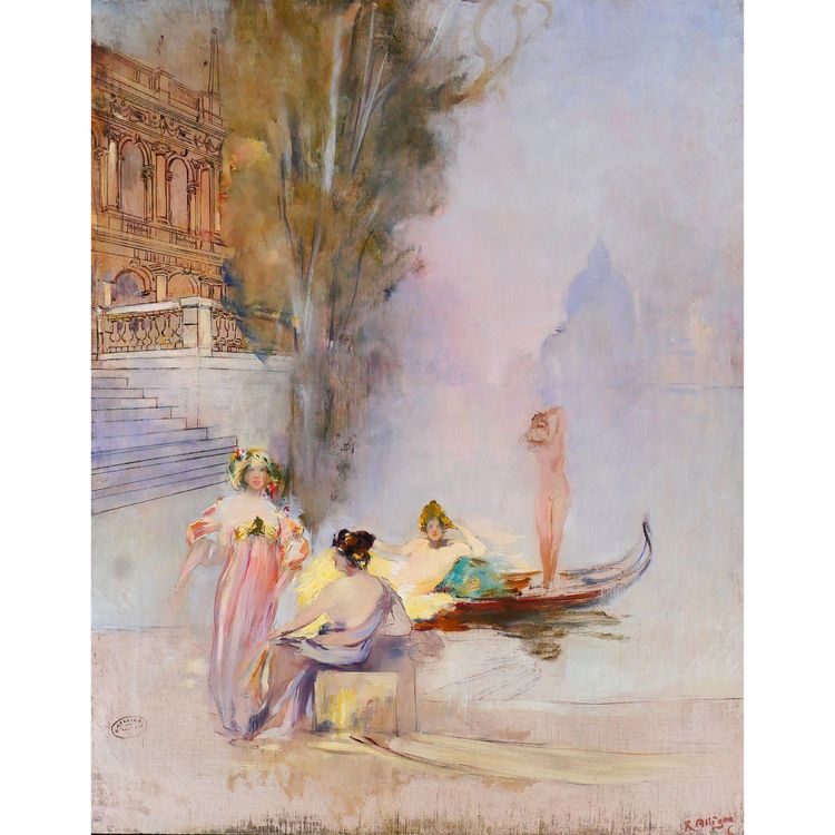 Raymond Allègre 1857-1933 Venezia, donne davanti a un palazzo, dipinto, circa 1900, Italia