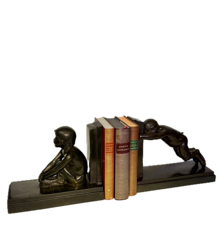 Coppia di fermalibri ArtDeco - Piccoli fauni in bronzo - Paul Silvestre - Susse frères
