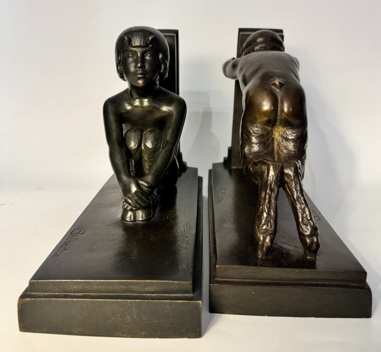 Coppia di fermalibri ArtDeco - Piccoli fauni in bronzo - Paul Silvestre - Susse frères
