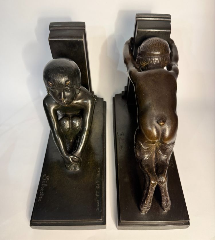 Coppia di fermalibri ArtDeco - Piccoli fauni in bronzo - Paul Silvestre - Susse frères