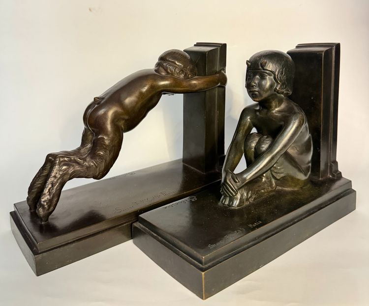 Coppia di fermalibri ArtDeco - Piccoli fauni in bronzo - Paul Silvestre - Susse frères