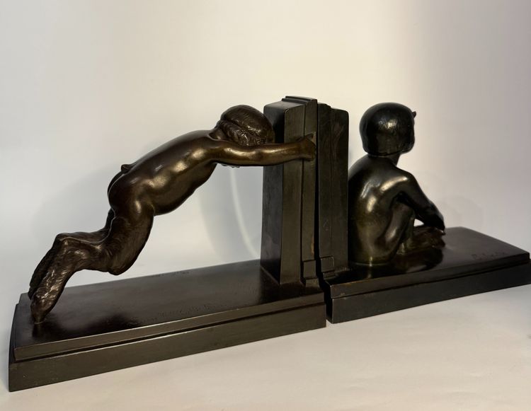 Coppia di fermalibri ArtDeco - Piccoli fauni in bronzo - Paul Silvestre - Susse frères