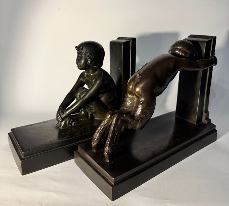 Coppia di fermalibri ArtDeco - Piccoli fauni in bronzo - Paul Silvestre - Susse frères