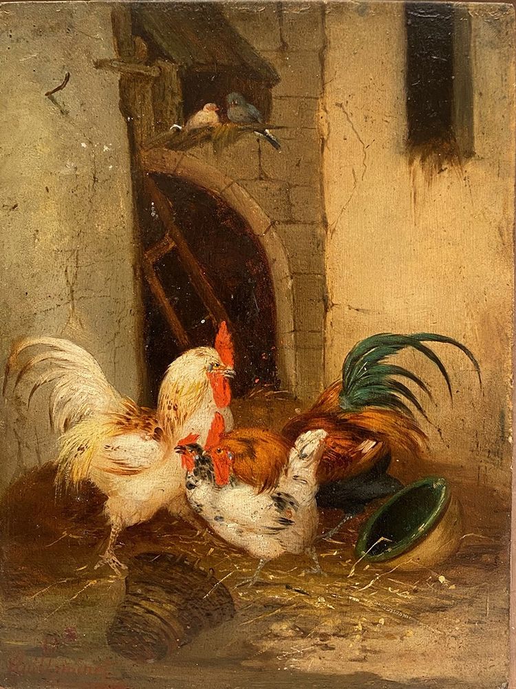 Claude Guilleminet (1821-1885). Scena di fattoria, olio su tavola