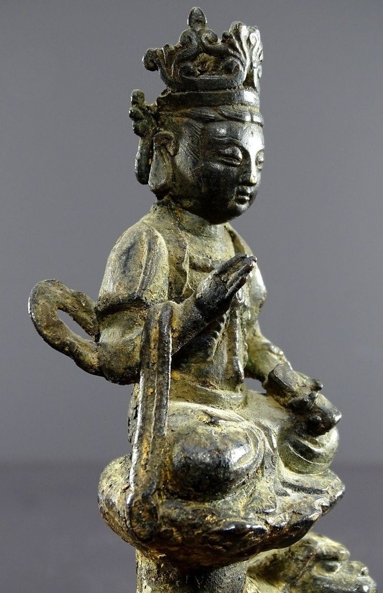 Chine, Dynastie Ming, Fin Du XIVème-début Du XVème, Statuette En Bronze De Majushri Sur Un Lion.