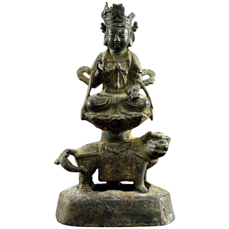 Chine, Dynastie Ming, Fin Du XIVème-début Du XVème, Statuette En Bronze De Majushri Sur Un Lion.