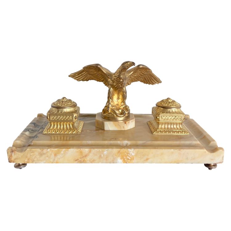 Tintenfass aus vergoldeter Bronze und gelbem Siena-Marmor, spätes 19. Jahrhundert