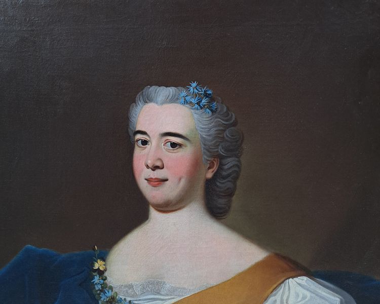 Ecole Du XVIIIème Siècle, Portrait De Dame à la robe bleue Signé Au Dos Hubart 1741