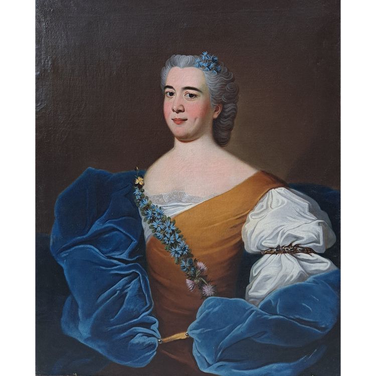 Ecole Du XVIIIème Siècle, Portrait De Dame à la robe bleue Signé Au Dos Hubart 1741