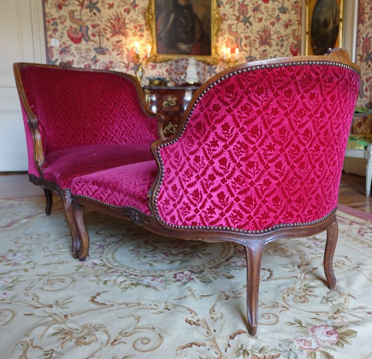 Broken Duchess - Louis XV period chaise longue in crushed velvet, Manufacture Bonvallet
