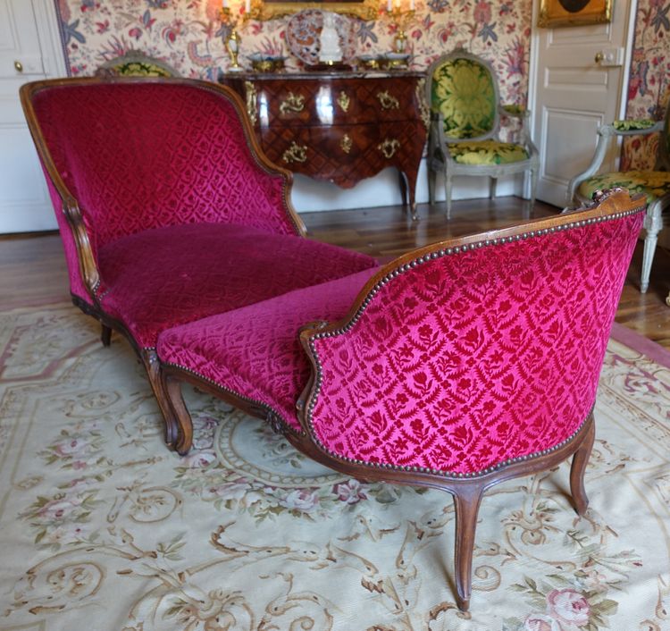Broken Duchess - Louis XV period chaise longue in crushed velvet, Manufacture Bonvallet