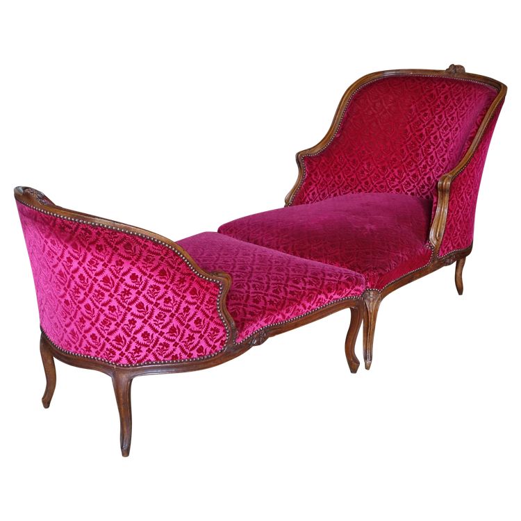 Broken Duchess - Louis XV period chaise longue in crushed velvet, Manufacture Bonvallet