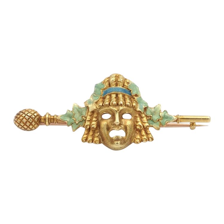 Louis Zorra Theatermaskenbrosche in 18 Karat Gold, Jugendstil, Antikschmuck, Emaille