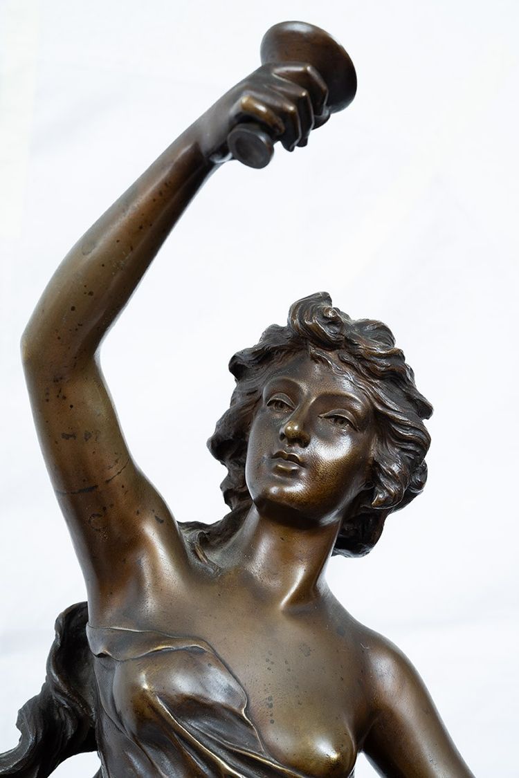 Antique Bronze Sculpture Representing Hebe With The Eagle Of Jupiter Signed "druot" 19th Century.