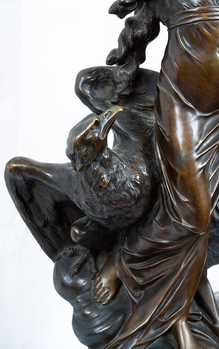 Antique Bronze Sculpture Representing Hebe With The Eagle Of Jupiter Signed "druot" 19th Century.