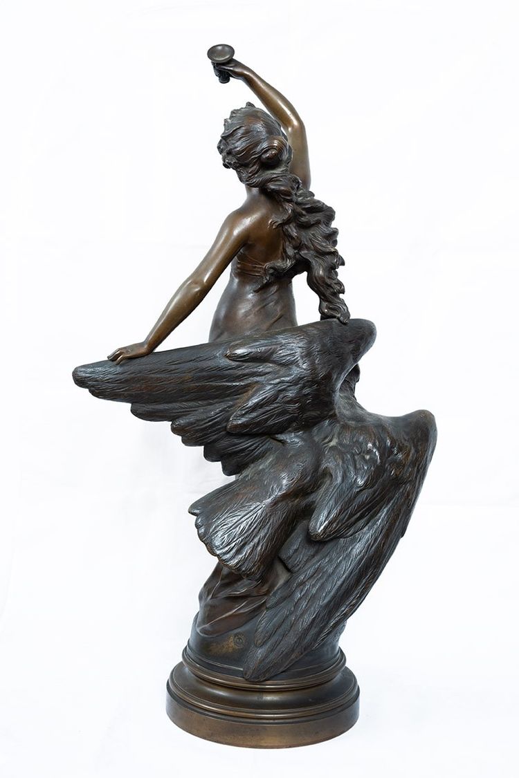 Antique Bronze Sculpture Representing Hebe With The Eagle Of Jupiter Signed "druot" 19th Century.