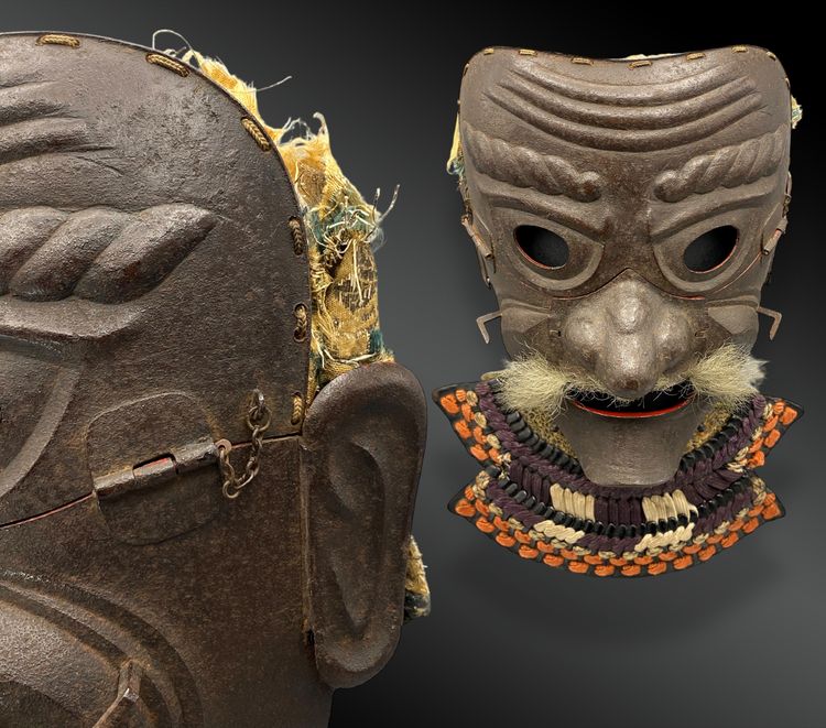 MASCHERA da armatura SAMURAI a pieno facciale chiamata Menpō del tipo Sômen Firmata Narishige Giappone, periodo Edo 