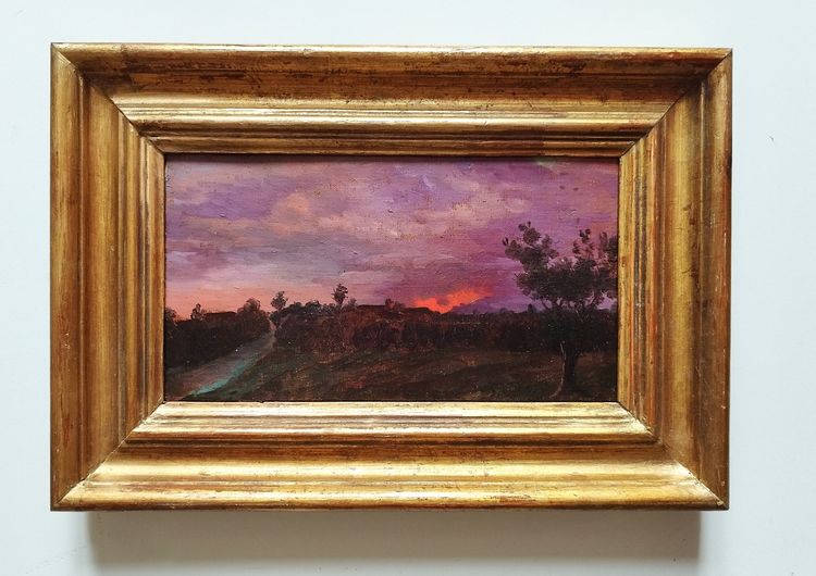 Tableau Paysage Au Soleil Couchant 19ème Huile Sur Toile