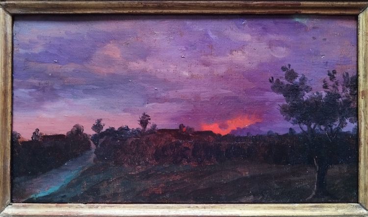 Tableau Paysage Au Soleil Couchant 19ème Huile Sur Toile