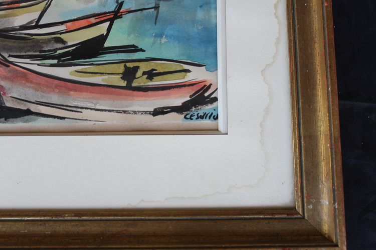 Port of Saint Tropez gouache View signed by Césario 20th century