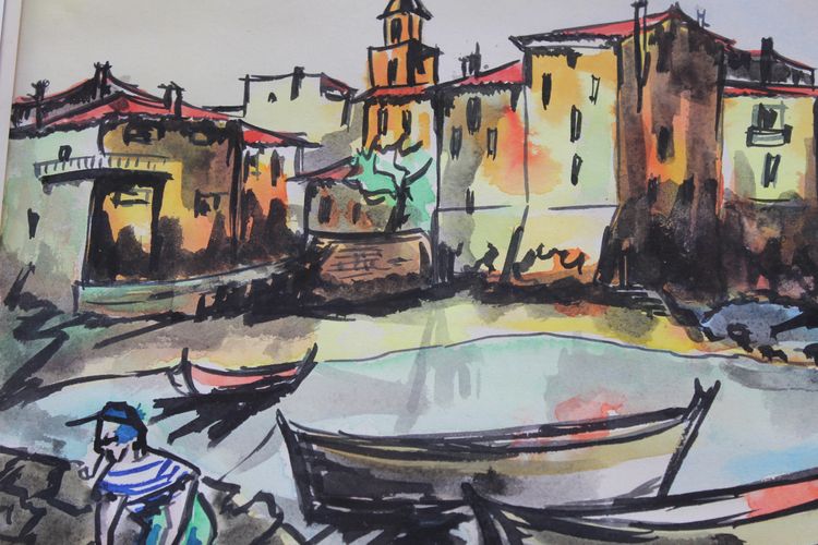 Port of Saint Tropez gouache View signed by Césario 20th century
