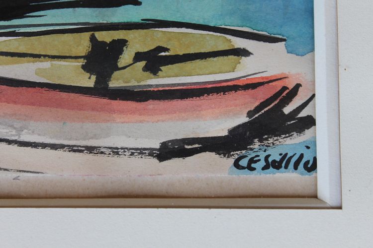 Port of Saint Tropez gouache View signed by Césario 20th century