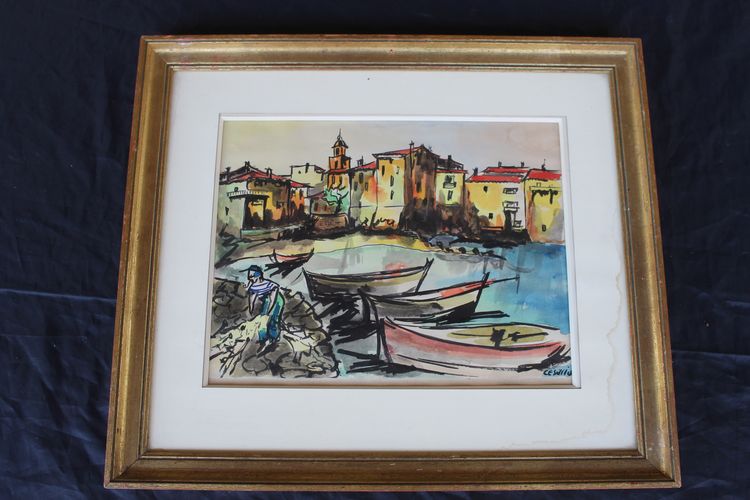 Port of Saint Tropez gouache View signed by Césario 20th century