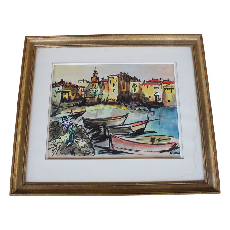 Port of Saint Tropez gouache View signed by Césario 20th century