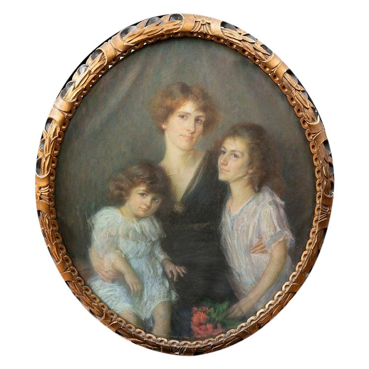 Pastel ancien avec cadre en bois sculpté représentant un portrait de famille. Rome, début du 20siècl