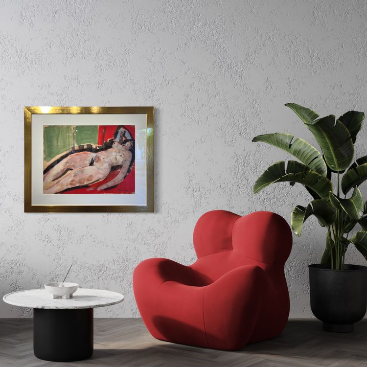 Nudo sdraiato su lenzuola rosse.