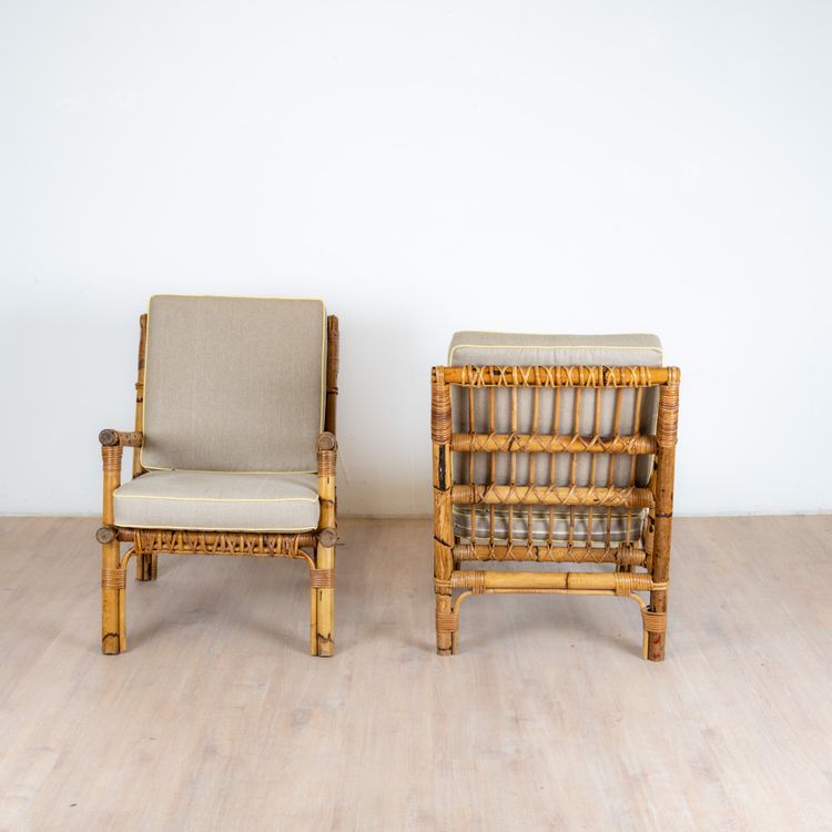 Poltrone in rattan e lino, Italz, 1970, set di 2