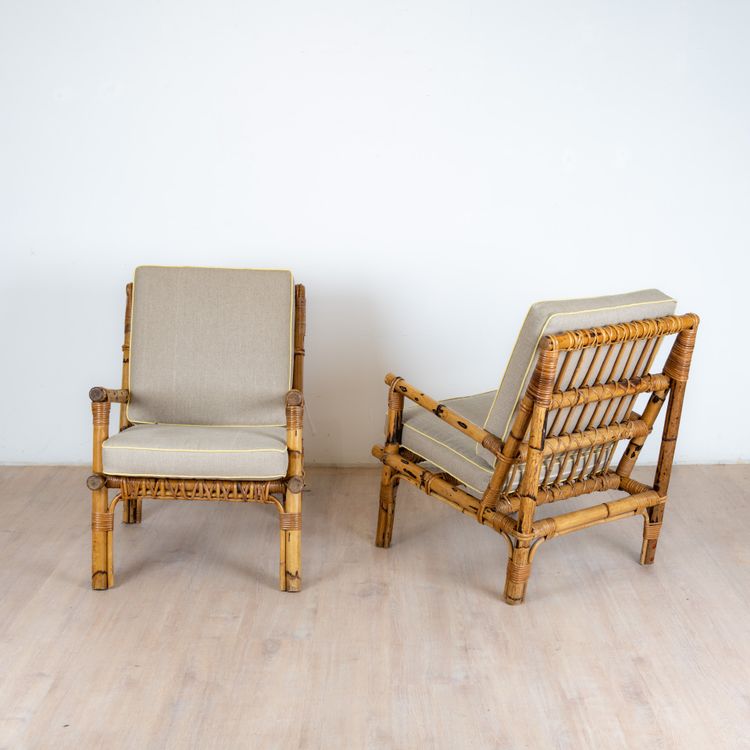 Poltrone in rattan e lino, Italz, 1970, set di 2
